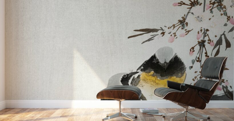 Two sable red tails with cherry blossom 1900 - 1936 by Ohara Koson 1877-1945. Wall Murals