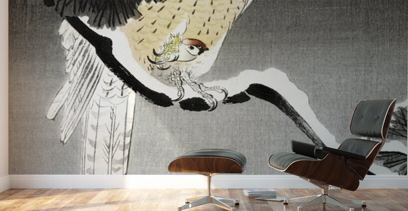 Hawk with sparrow 1900 - 1930 by Ohara Koson 1877-1945. Wall Murals