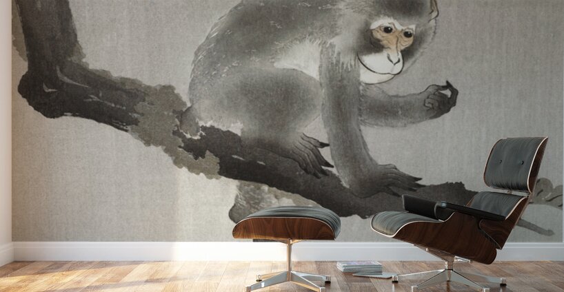 Monkey in cockatoo 1900 - 1930 by Ohara Koson 1877-1945. Wall Murals