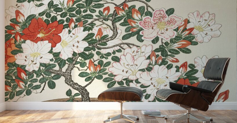 Blooming azalea in brown pot 1920 - 1930 by Ohara Koson 1877-1945. Wall Murals