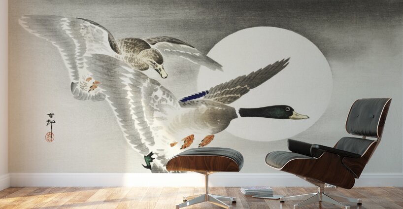 Two ducks at full moon 1900 - 1930 by Ohara Koson 1877-1945. Wall Murals