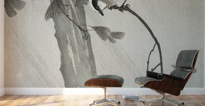 Long-tailed tit in storm 1900 - 1936 by Ohara Koson 1877-1945. Wall Murals