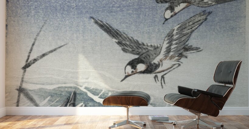 Three ducks in shallow water with reeds 1900 - 1930 by Ohara Koson 1877-1945. Wall Murals