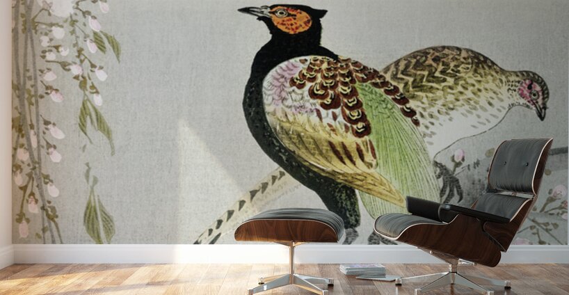 Couple pheasants and cherry blossom 1900 - 1936 by Ohara Koson 1877-1945. Wall Murals