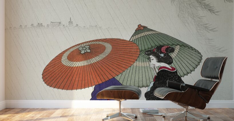 Two women in the rain 1925 - 1936 by Ohara Koson 1877-1945. Wall Murals