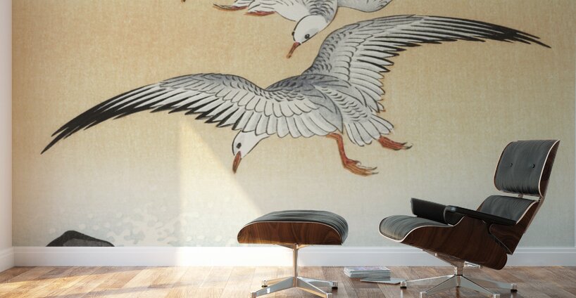 Five seagulls above turbulent sea 1900 - 1930 by Ohara Koson 1877-1945. Wall Murals