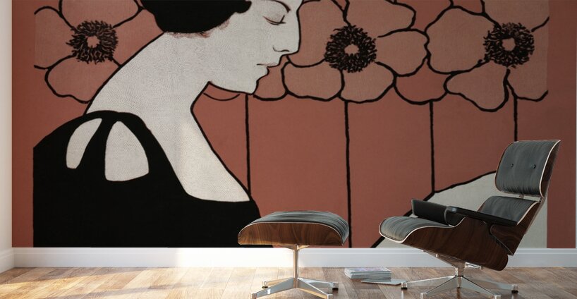 The Boston Sunday Herald 1895–1901 vintage poster of a woman reading a newspaper in art nouveau style by Ethel Reed.  Wall Murals