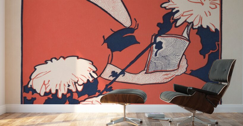 The Penny Magazine 1896 vintage cover of a woman holding a book with chrysanthemum flowers in foreground by Ethel Reed.  Wall Murals