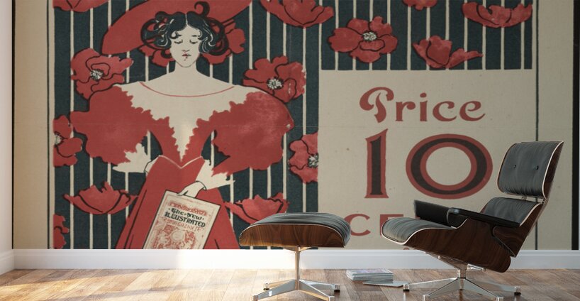 Flowers and a fashionably dressed woman standing and holding copy of the magazine 1890–1900 print by Ethel Reed. Wall Murals