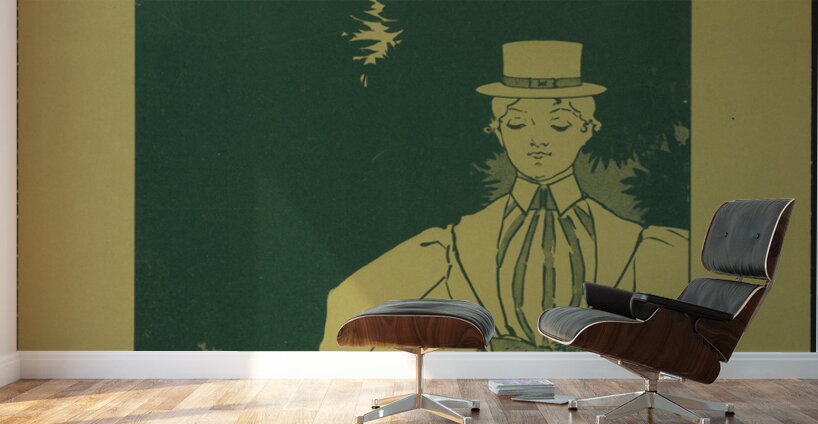 Woman wearing a striped dress with large sleeves a hat and carrying a purse 1898–1900 print by Ethel Reed. Wall Murals