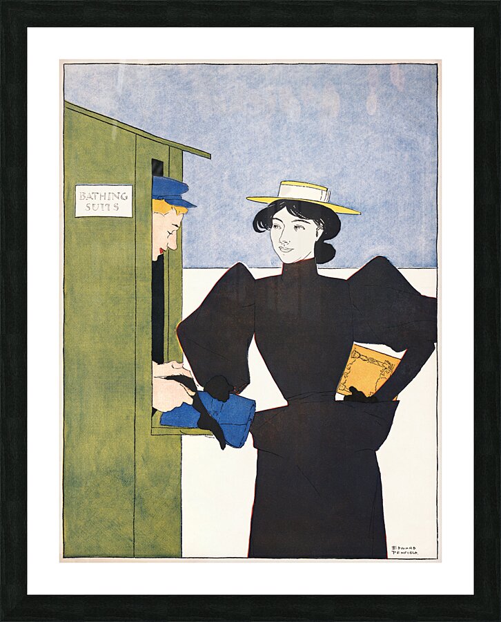 Woman picking up bathing suits 1895 by Edward Penfield Picture Frame print