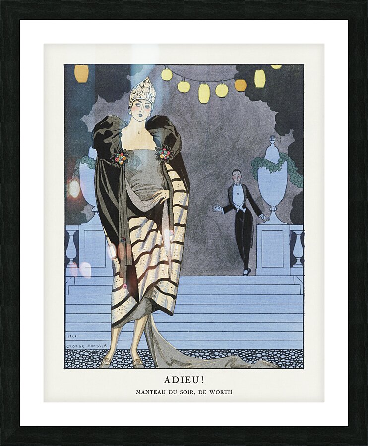 Adieu! / Manteau du soir de Worth from Gazette du Bon Ton. Art &ndash Modes & Frivolit&eacutes: Evening Attire No. 4 Pl. 28 1921 fashion illustration  by George Barbier.  Picture Frame print