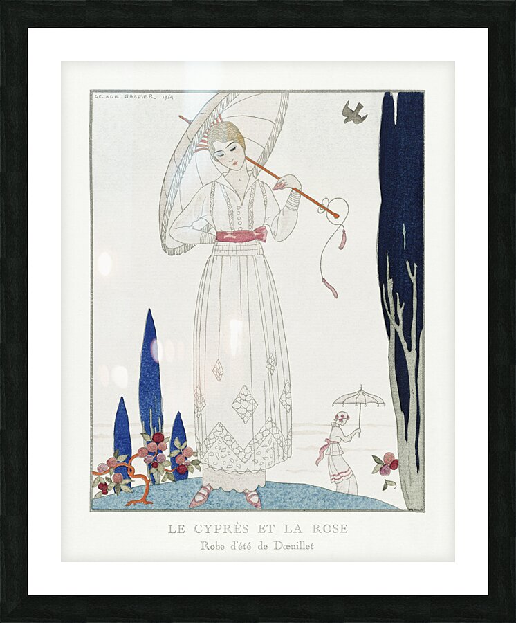 The cypress and the rose: Summer dress by Doeuillet from Gazette du Bon Ton No. 7 Pl. 70 1914 fashion illustration  by George Barbier.  Picture Frame print