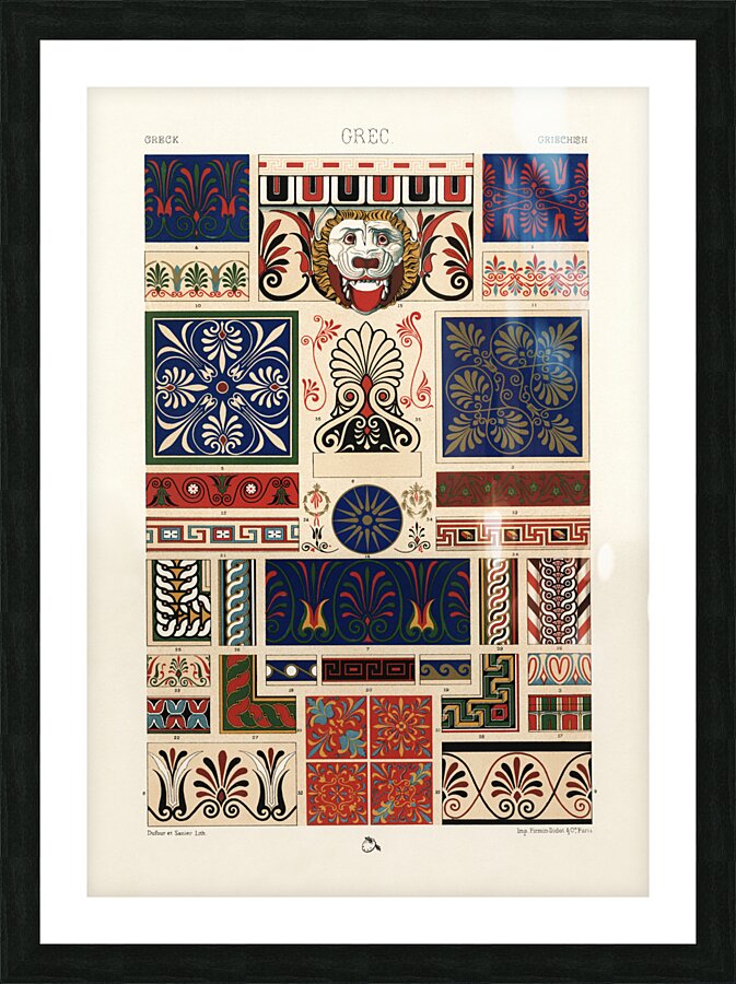 Greek pattern. 1888 edition Lornement Polychrome by Albert Racine 1825–1893. Picture Frame print