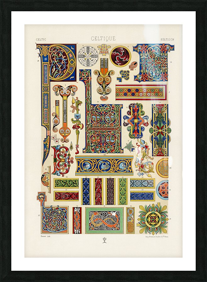 Celtic pattern. 1888 edition Lornement Polychrome by Albert Racine 1825–1893. Picture Frame print