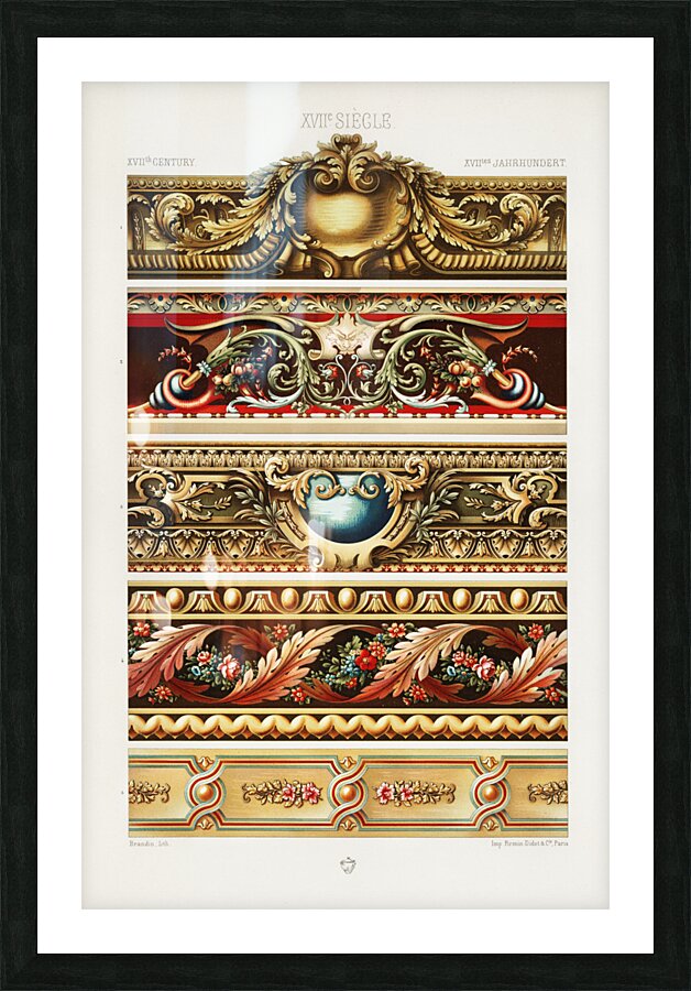 17th Century pattern. 1888 edition Lornement Polychrome by Albert Racine 1825–1893. Picture Frame print