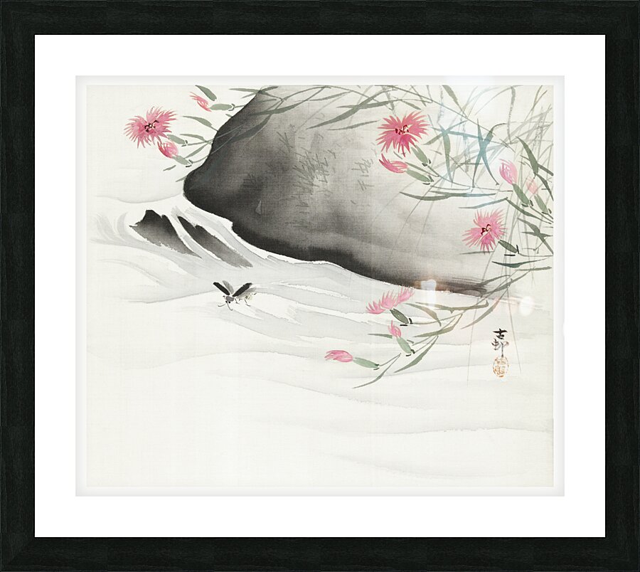 Plants with pink flowers by the river 1877-1945 by Ohara Koson 1877-1945. Picture Frame print