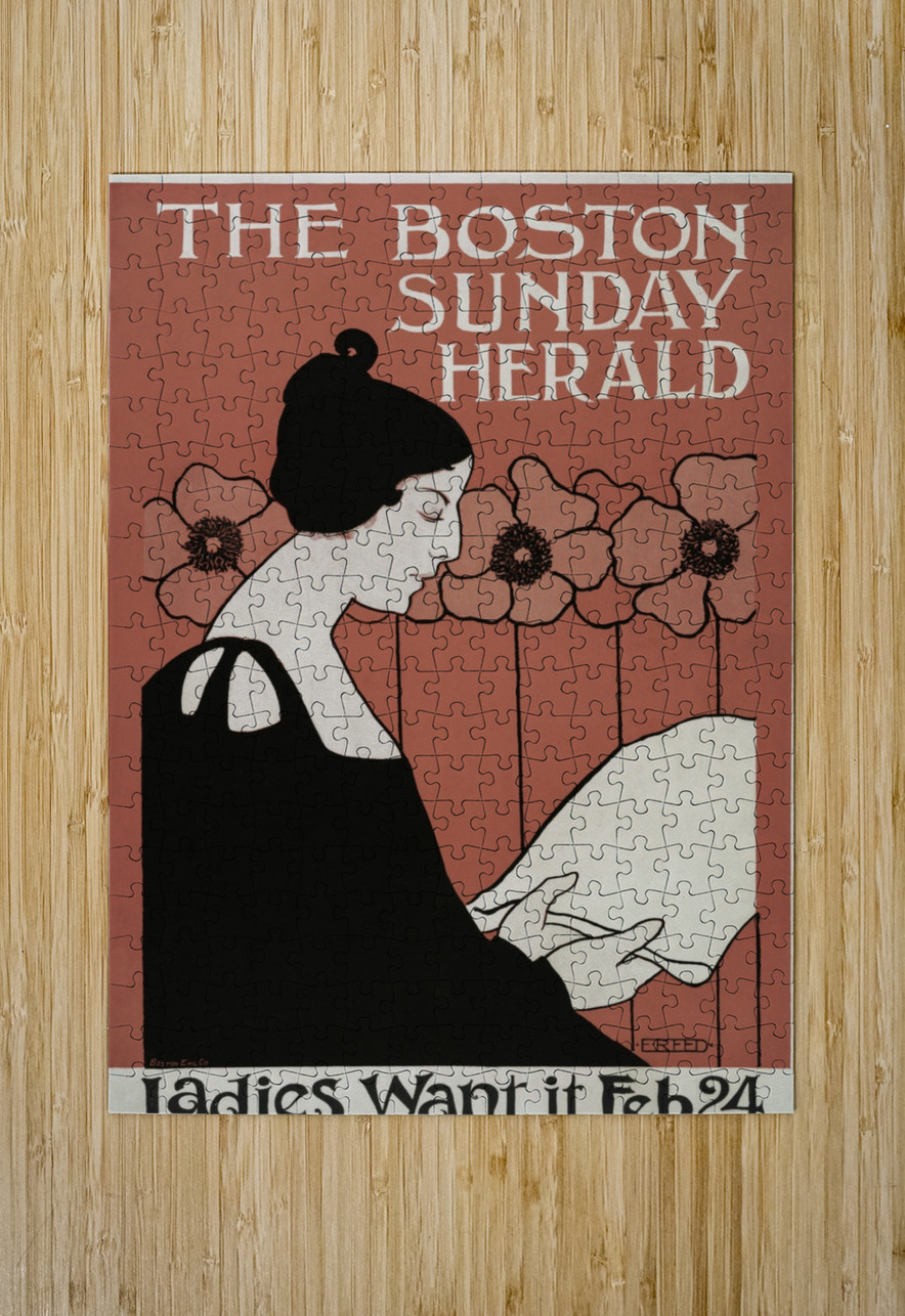 The Boston Sunday Herald 1895–1901 vintage poster of a woman reading a newspaper in art nouveau style by Ethel Reed.  IStockHistory com Puzzle printing