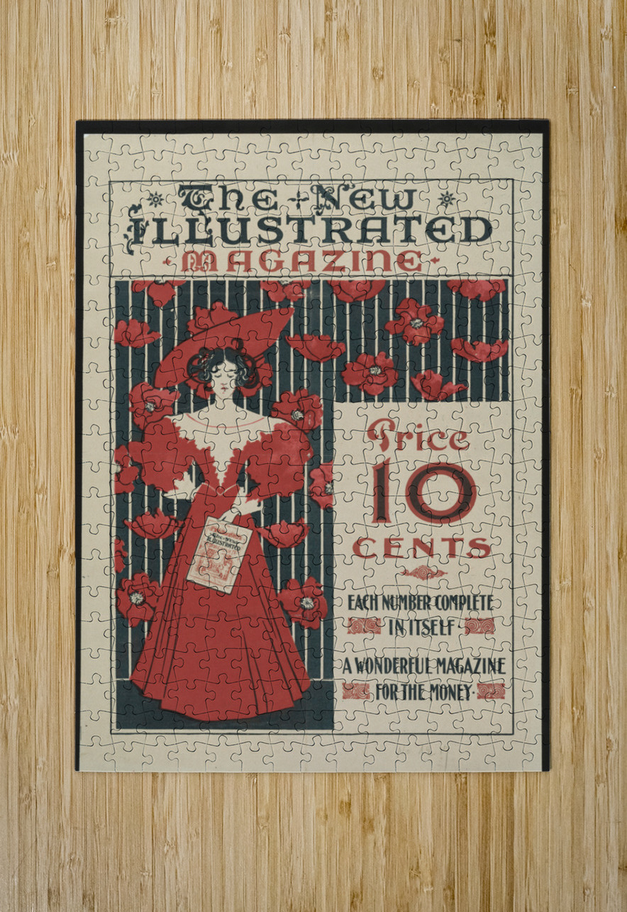 Flowers and a fashionably dressed woman standing and holding copy of the magazine 1890–1900 print by Ethel Reed. IStockHistory com Puzzle printing