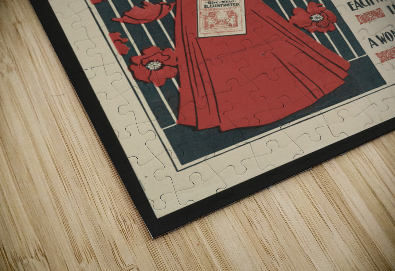 Flowers and a fashionably dressed woman standing and holding copy of the magazine 1890–1900 print by Ethel Reed. IStockHistory com Puzzle