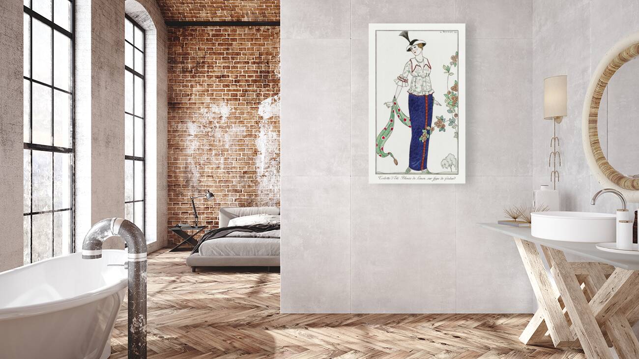 Costumes Parisiens no. 3: Toilette d&Eacutet&eacute Toilette d&Eacutet&eacute Blouson de Linon sur Jupe de foulard from Journal des Dames et des Modes 1912 fashion illustration  by George Barbier.  Reproduction