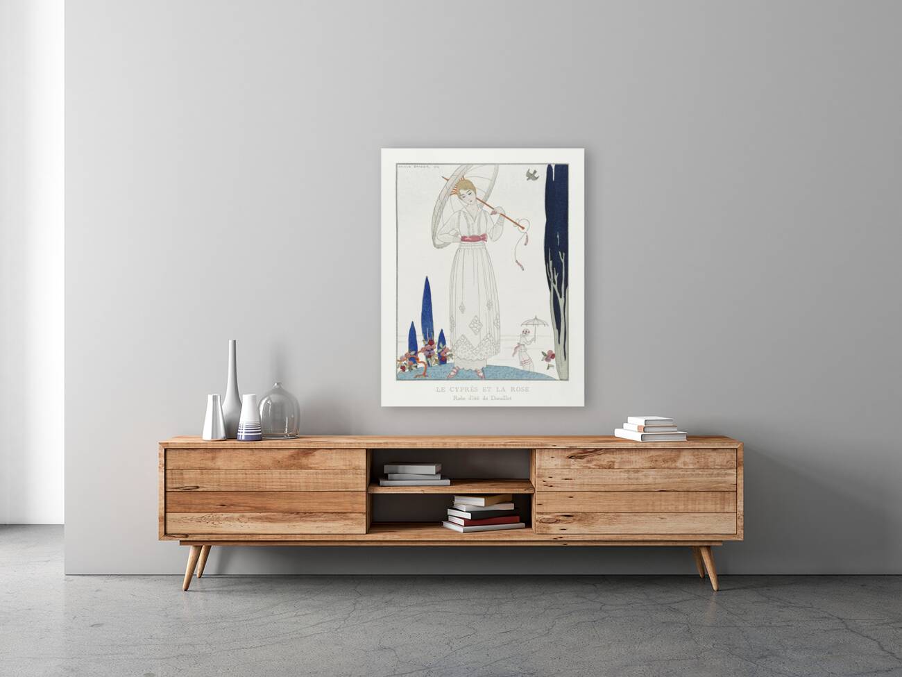 The cypress and the rose: Summer dress by Doeuillet from Gazette du Bon Ton No. 7 Pl. 70 1914 fashion illustration  by George Barbier.  Reproduction