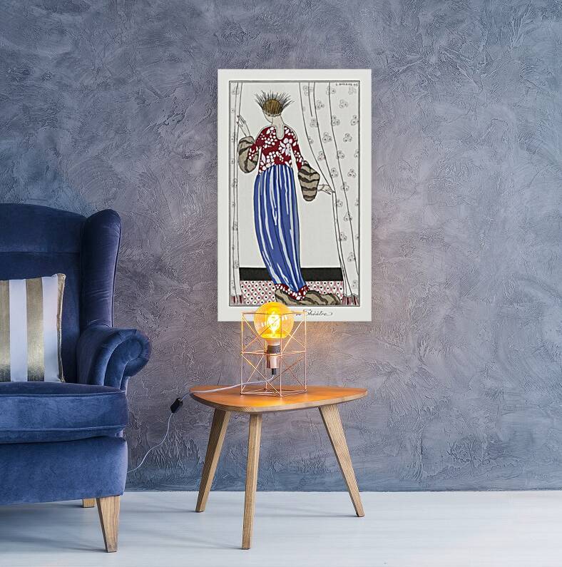 Costumes Parisiens No. 71: Manteau de Th&eacute&acirctre from Journal des Dames et des Modes 1913 fashion illustration by George Barbier.  Reproduction