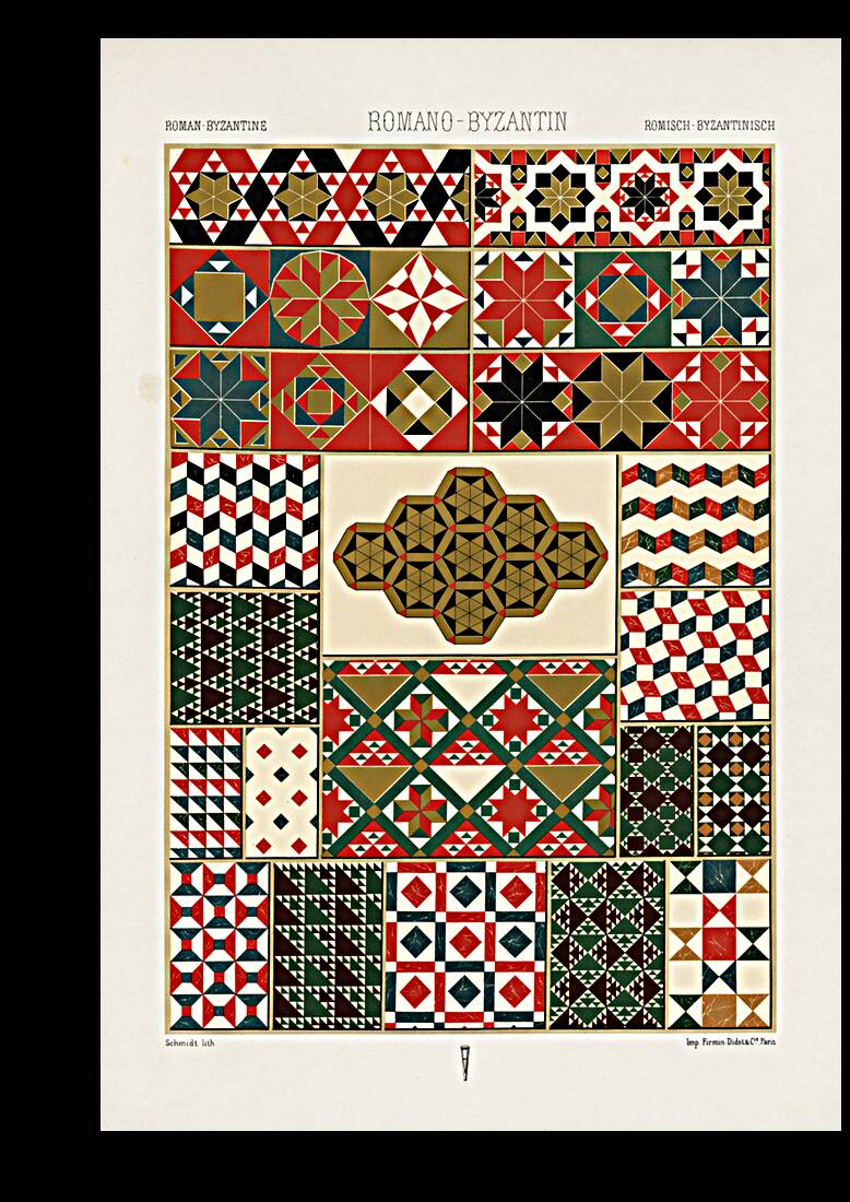 Roman-Byzantine pattern. 1888 edition Lornement Polychrome by Albert Racine 1825–1893. Reproduction