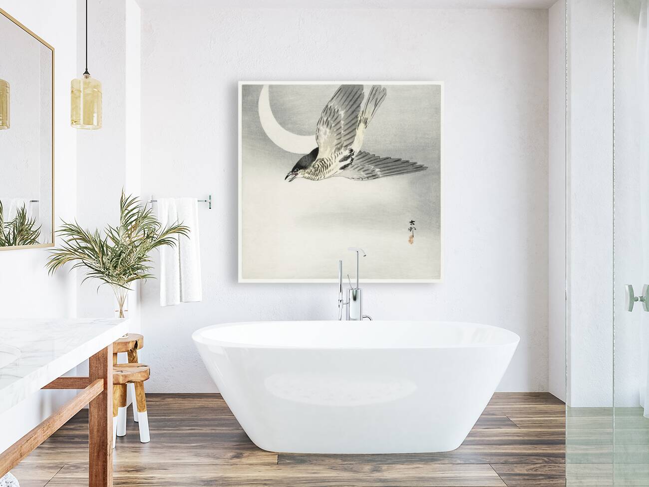 Cuckoo at crescent moon 1900 - 1930 by Ohara Koson 1877-1945. Reproduction