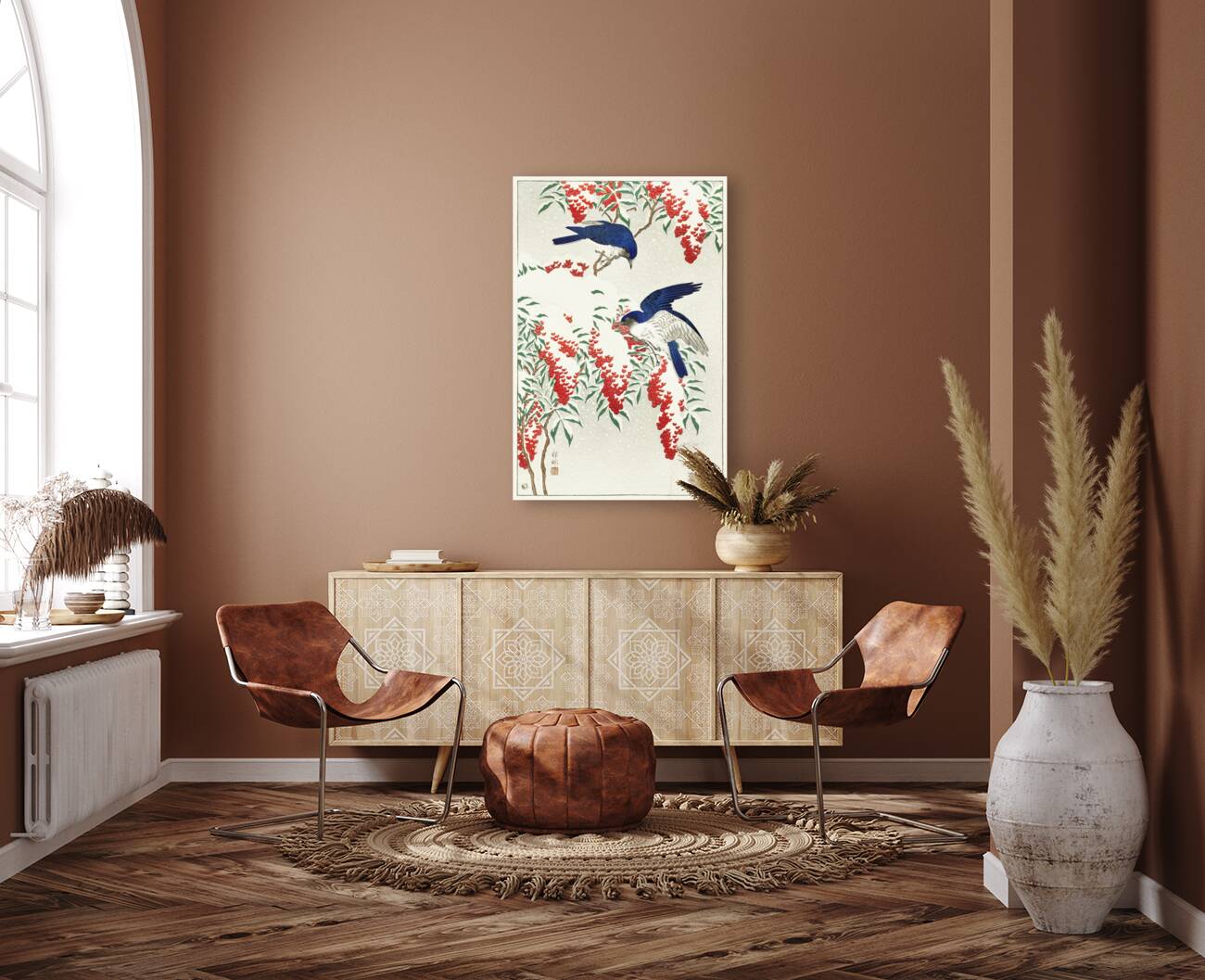 Flycatchers on a nandina bush 1925 - 1936 by Ohara Koson 1877-1945. Reproduction