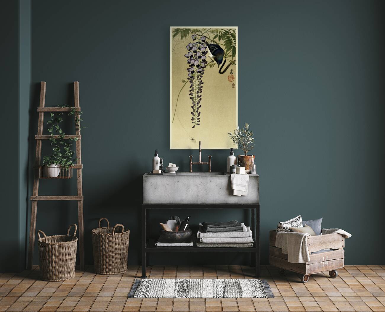 Flycatcher at wisteria 1900 - 1910 by Ohara Koson 1877-1945. Reproduction