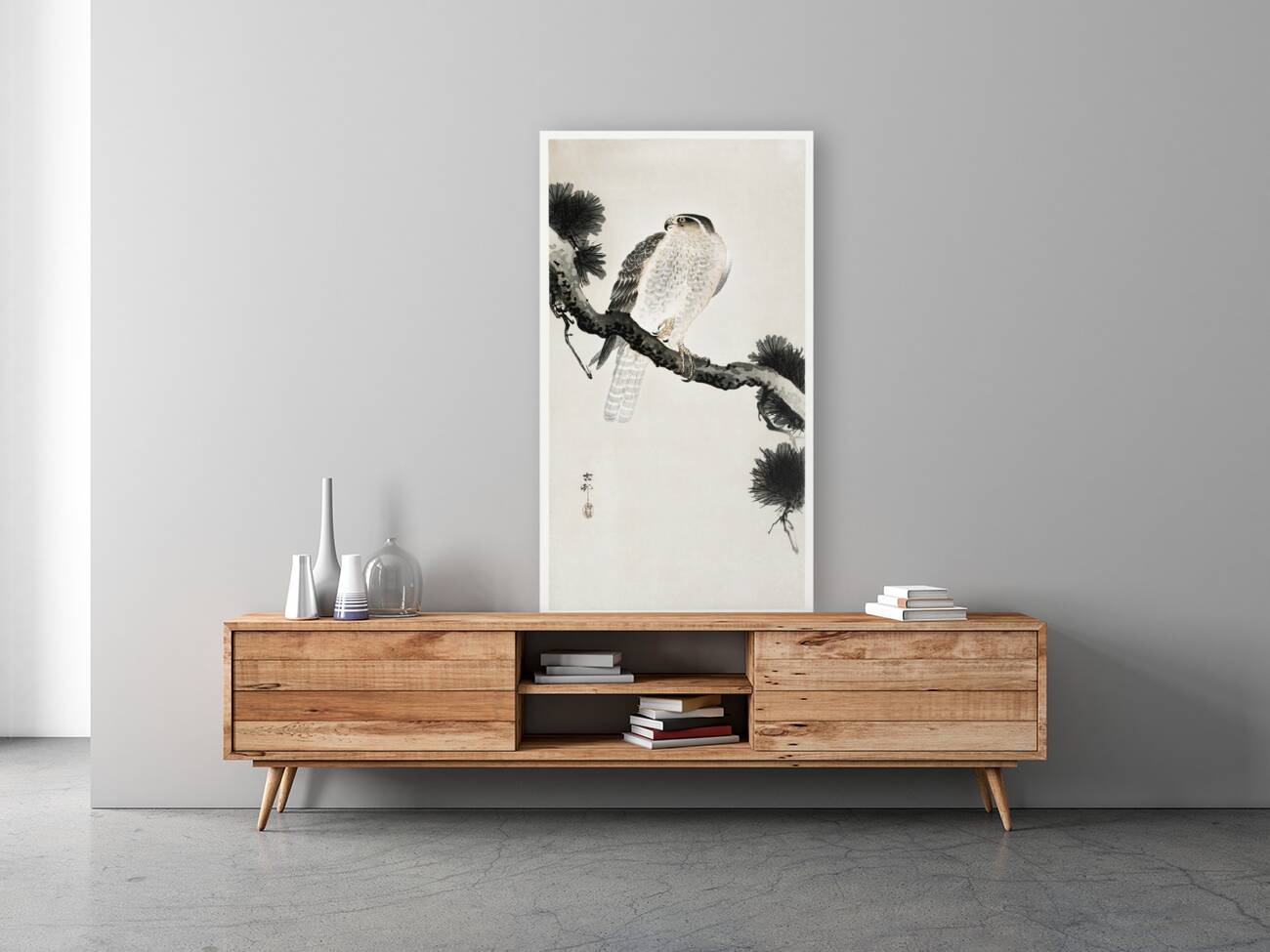 Hawk on pine branch 1900 - 1930 by Ohara Koson 1877-1945. Reproduction