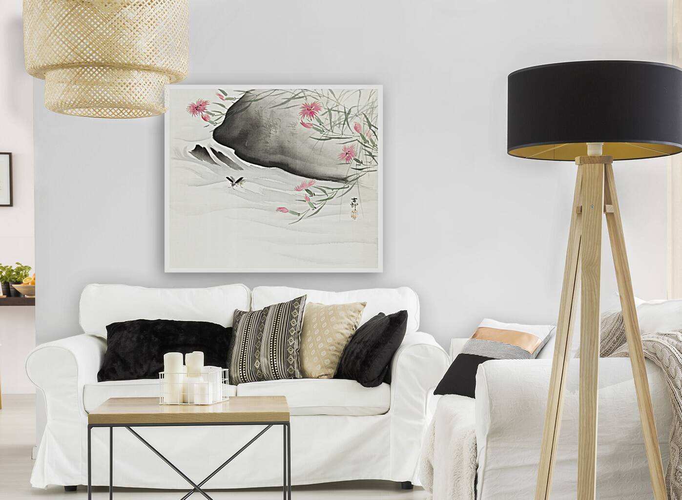 Plants with pink flowers by the river 1877-1945 by Ohara Koson 1877-1945. Reproduction