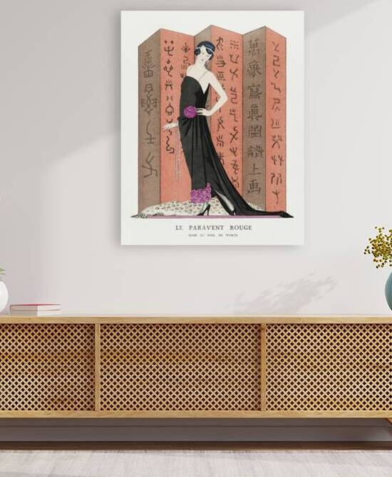 Le paravent rouge: Robe du soir de Worth from Gazette du Bon Ton. Art &ndash Modes & Frivolit&eacutes: Famous Fashion Houses No. 10 Pl. 80 1921 fashion illustration  by George Barbier.  by IStockHistory com