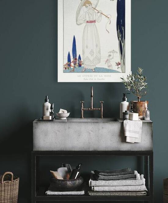 The cypress and the rose: Summer dress by Doeuillet from Gazette du Bon Ton No. 7 Pl. 70 1914 fashion illustration  by George Barbier.  by IStockHistory com