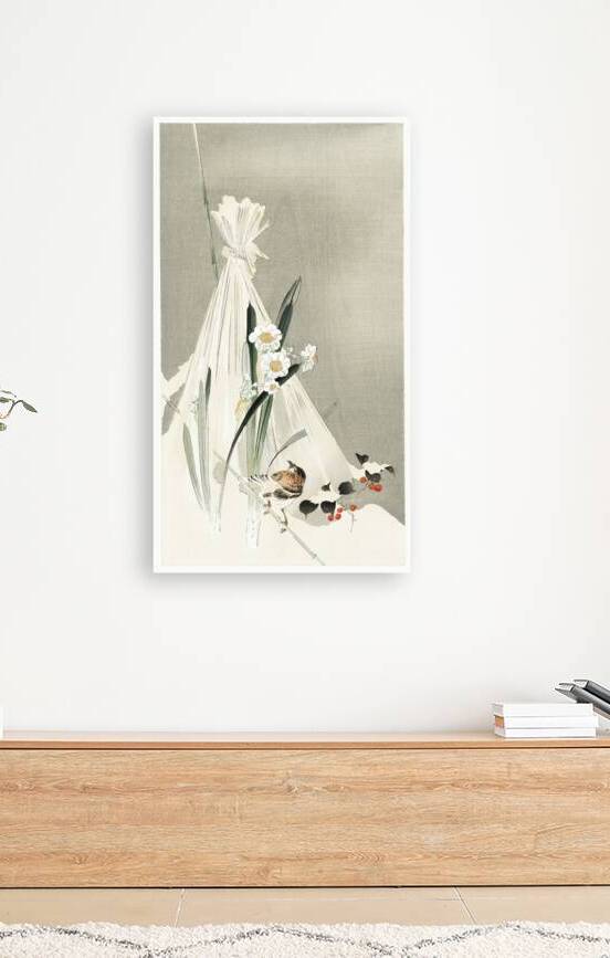 A bird with narcissus flowers and a hay bundle 1900-1930 by Ohara Koson 1877-1945. by IStockHistory com