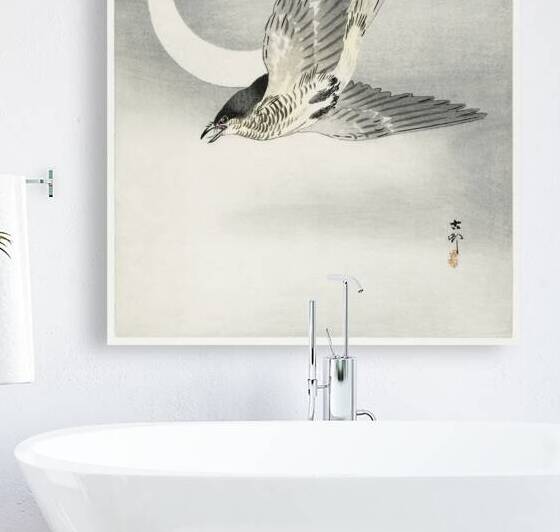 Cuckoo at crescent moon 1900 - 1930 by Ohara Koson 1877-1945. by IStockHistory com