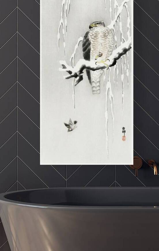 Hawk with captured ring sparrow 1900 - 1930 by Ohara Koson 1877-1945. by IStockHistory com