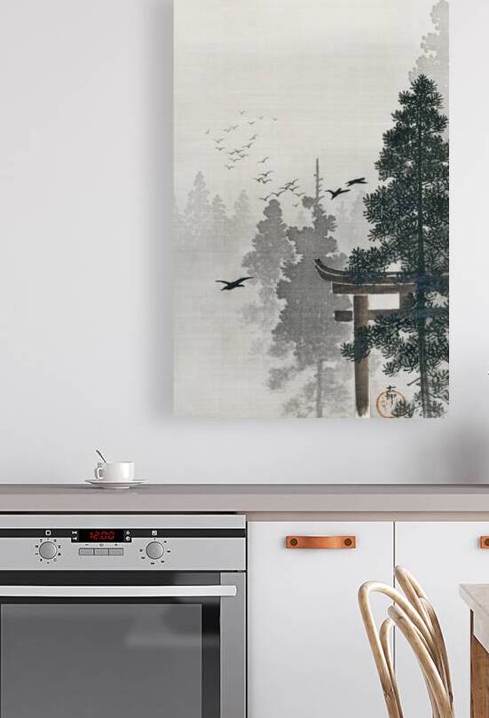 Flock of birds and a torii gate in a pine tree forest 1877-1945 by Ohara Koson 1877-1945. by IStockHistory com