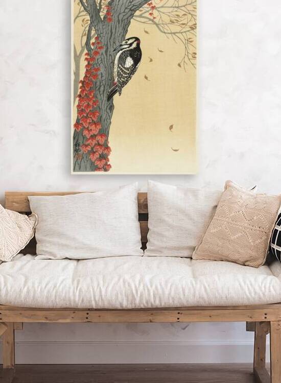 Great spotted woodpecker in tree with red ivy 1925 - 1936 by Ohara Koson 1877-1945. by IStockHistory com